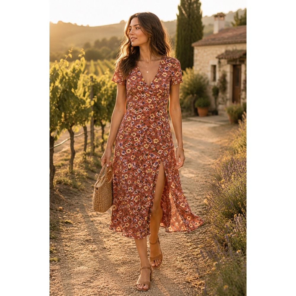 Yumi‎ Kim INTO YOU Floral Midi Dress Women XXS So Amazing Rust SILK
